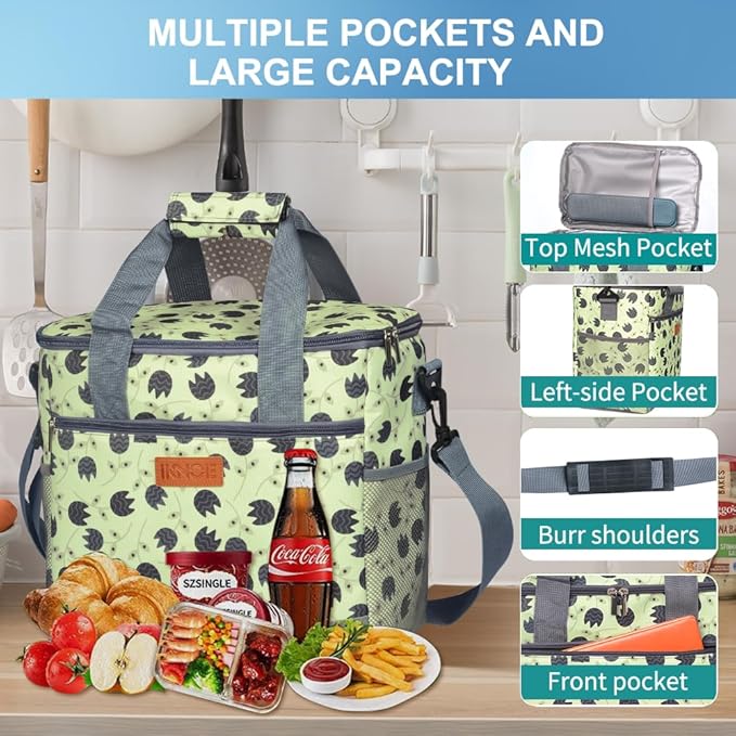 Iknoe Large Cooler Bag Collapsible 24 Can Insulated Bags Leakproof Lunch Cooler Tote with Multi-Pockets for Adult Insulated Thermal Bag for Beach, Picnic, Office Work(Leaf)