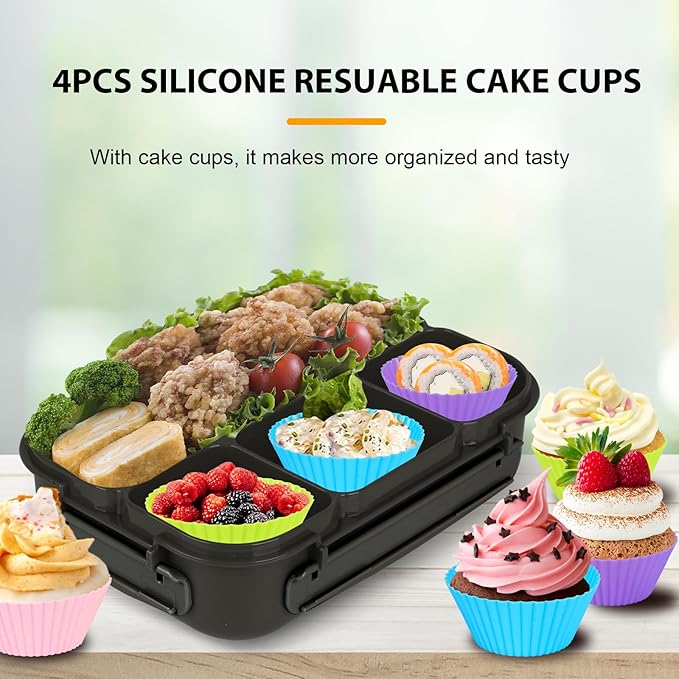 Bento Box Adult Lunch Containers, 5 Cup Box with 4 Compartments &Spork &Sauce Box, Leak-Proof, Microwave/Dishwasher Safe(Black)