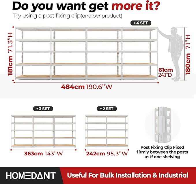 HOMEDANT White 5 Tier Laminated Boltless Heavy Duty Garage Storage Adjustable Wide Size Metal Shelving Unit Utility Rack Shelves Organization Shelf Shed Warehouse 47.7" W x 24.1" D x 71.3" H 2Pack