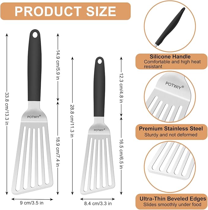 Stainless Steel Spatula Set, 13.3" Large & 11.3" Small Slotted Fish Turner with Silicone Handle, Metal Spatulas for Kitchen, Grilling, Cooking Utensils Flipper for Fish, Egg, Pancake (2 Pack)