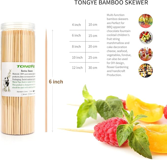 [200 PCS] 6 inch Bamboo Skewers, Premium Wooden Skewers Without Splinters, Skewers for Grilling, BBQ, Appetizer, Fruit Kabobs, Chocolate Fountain, Cocktail Toothpicks, and Food Skewer Sticks.