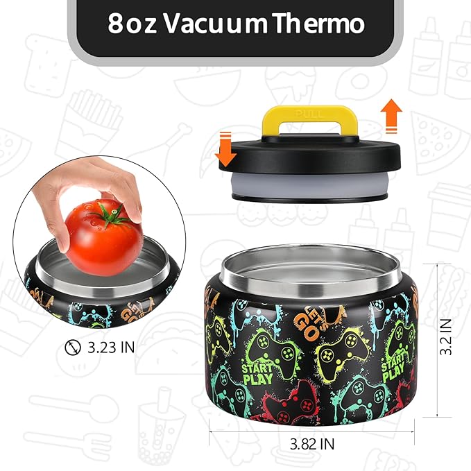 MAISON HUIS 8oz Soup Thermo Wide Mouth Vacuum Insulated Food Jar, Leak Proof Stainless Steel Hot&Cold Lunch Container for Kids (Black-Games Console)