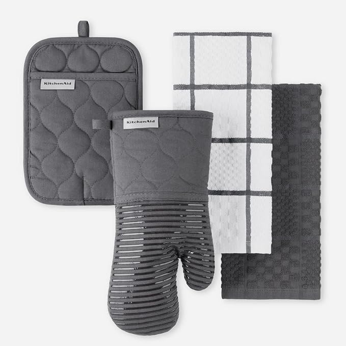 KITCHENAID Quilted Cotton Terry Cloth Oven Mitt, Pot Holder, Kitchen Towel 4-Pack Set, Heat Resistant, Silicone Grip, Gift Set, Charcoal Grey, 16"x26", 7"x13" & 7"x10"