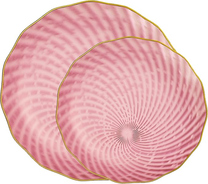 PLASTICPRO 120 Pack Plastic Plates Set of 60-10 inch Plates and 60-7 inch Plates, Elegant Clear Pink Spiral and Gold Rim Disposable Fancy Plates Premium Heavyweight