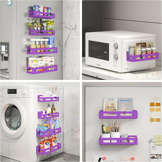 4 Pack Magnetic Spice Rack for Refrigerator, Spice Rack Organizer, Moveable Magnetic Shelf Fridge Organizer with 4 Hooks for Kitchen and Oven Organization, Purple