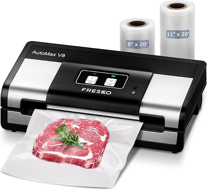 FRESKO Automatic Vacuum Sealer, Powerful Food Vacuum Sealer Machine, Auto Dry-Wet Detection, Bag Cutter, 2 Rolls Bags, Effortless Operation, Starter Kit