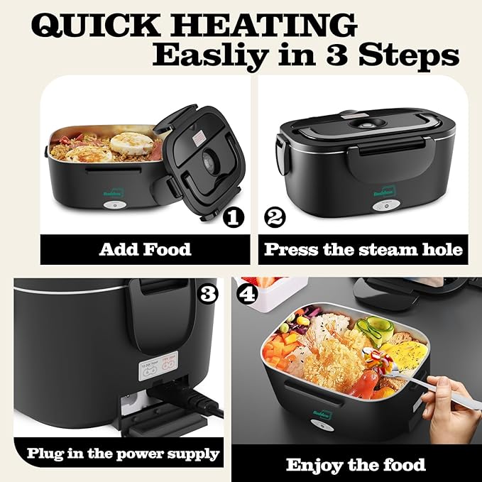Buddew Electric Heated Lunch Box for Adults - 80W Fast Heating, 1.5L Food-Grade Stainless Steel, 12V/24V/110V Portable Food Warmer for Work Travel Car, Lonchera Electrica Portatil