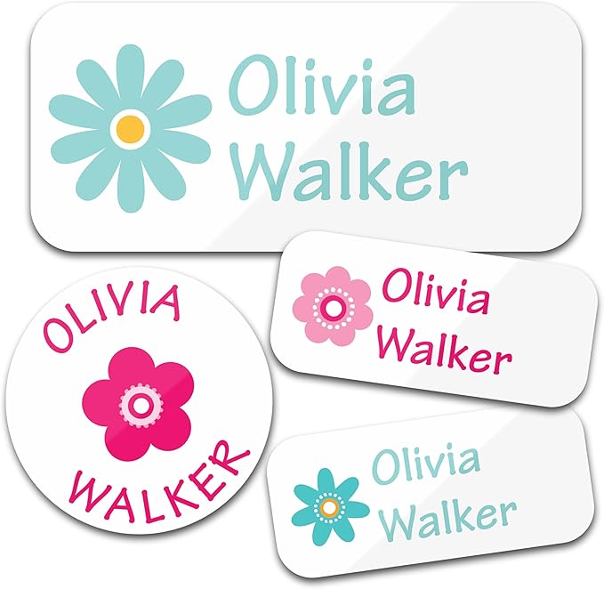 Personalized Daycare Name Labels for Kids (130 Labels) - Custom Waterproof Name Stickers for Clothing Tags, Water Bottles, Lunch Boxes and School Supplies (Flowers)