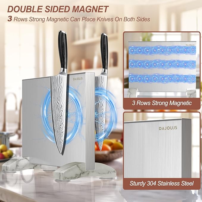 Magnetic Knife Block, Magnetic Kitchen Knife Holder Stand with Strong Magnet Strip for Kitchen Counter, Stainless Steel Double-Sided Universal Knife Storage Rack Organizer Without Knives
