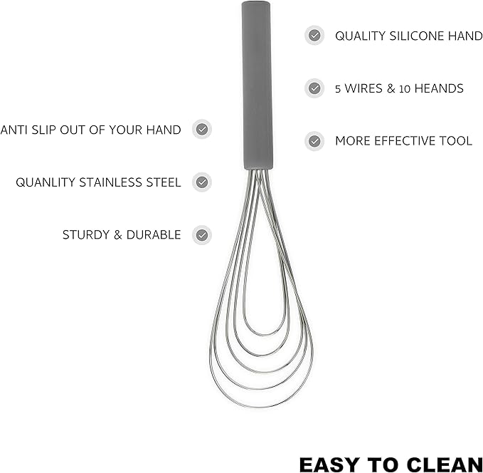 Flat Whisk Silicone Handle Non Slip 10" - 5 Wires Whisk with 10 Heads for Kitchen Cooking by Jell-Cell (Grey)