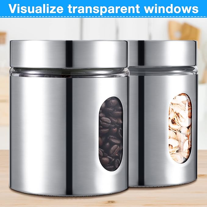 Mimorou 6 Pack Kitchen Canisters Set Airtight Coffee Sugar Tea Candy Storage Jars with Window Glass Stainless Steel Containers with Lids for Flour Cookies Spices Grains Kitchen Decorations(20 oz)