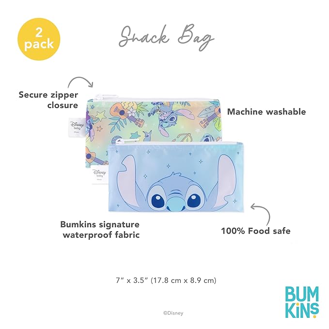 Bumkins Reusable Snack Bags, for Kids School Lunch and for Adults Portion, Washable Fabric, Waterproof Cloth Zip Bag, Supplies Travel Pouch, Food-Safe Storage, 2-pk Disney Stitch
