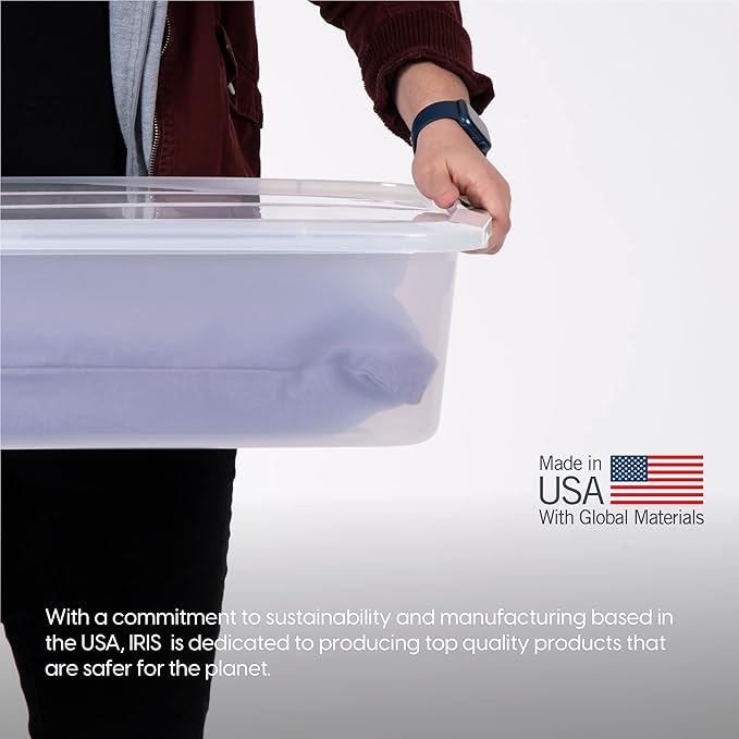 IRIS USA 50 Qt Plastic Under Bed Storage Organizer Bin Container with Secure Lids and Durable Black Buckles, Multi-Purpose for Clothes Shoes Clothing Bedding, Long, Clear