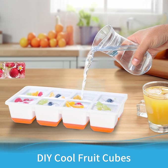 Large Ice Cube Trays with Lid, Jrisbo 2 Pack Stackable Silicone Ice Cube Molds for Freezer, Easy Release 16 Big Square Ice Trays for Whisky Cocktails (Orange)