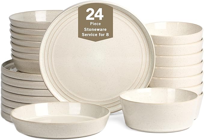 Stone Lain Claire 24-Piece Dinnerware Set Stoneware, Plates and Bowls Set, Dishwasher and Microwave Safe, Dish Set for 8, White