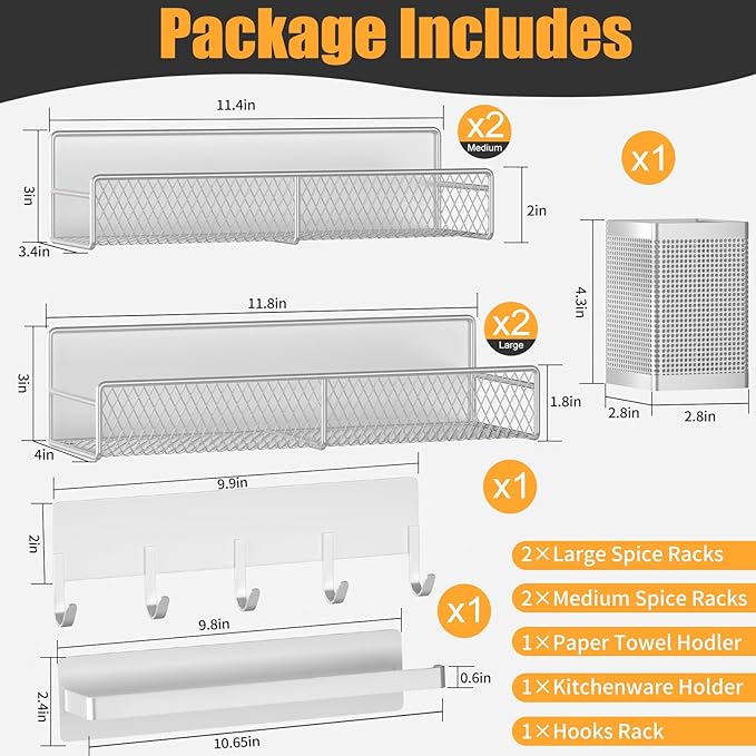 Magnetic Spice Rack for Refrigerator, 7 Pack 100% Metal Strong Magnet Shelves, Kitchen Spice Organizer W/ Hook Rack, Paper Towel Holder, Utensils Caddy, Home Laundry Room Storage Organization (White)