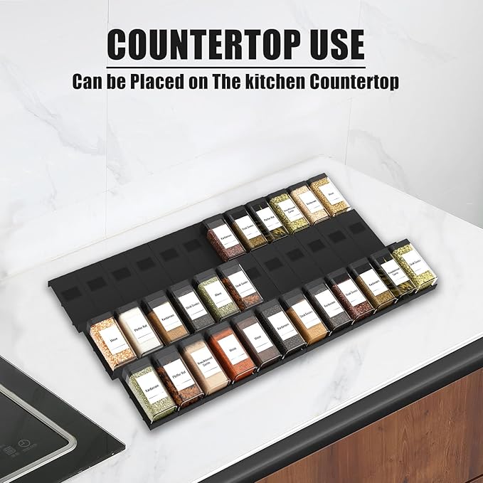 Famhap Spice Drawer Organizer 24 Pcs with 24 Plastic Spice Jars and Labels，Interlocking Expandable Seasoning Rack Tray Insert for Kitchen Drawers, Spice Rack Drawer