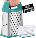 GORILLA GRIP 4-Sided 100% BPA-Free Cheese Grater With Container, Stainless Steel Box Graters, Parmesan Shredder, Grate Cheeses, Shred Veggies, Slip Resistant Handle, Dishwasher Safe Zester, Turquoise