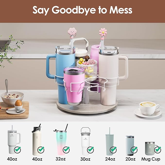 Water Bottle Organizer for 20/30/40oz Stanley & Other Large Tumbler, 6 Slots Stanely Cup Organizer with Straw Sleeve, Cup Bottle Holder for Cabinet Home Countertop Pantry Shelf,Gray