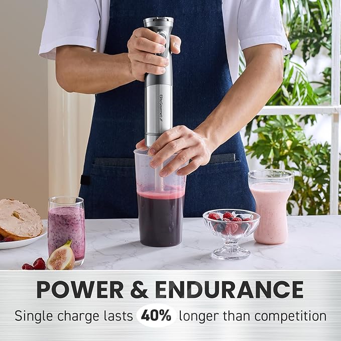 Elite Gourmet EHB1300 Cordless, Rechargeable Hand Blender, Variable Speed Blending with One-Touch Power Button, Stainless Steel Blades, Portable, Easy Control Stick Mixer, Baby Food, Charcoal Grey
