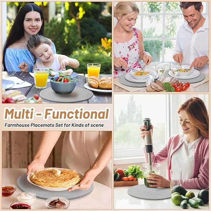 Billbotk Round Woven Placemats Set of 4, 13 Inches Table Place Mats for Dining Table, Hot Pads for Kitchen, Trivets for Hot Dishes, Pots and Pans,Tabletop Accessories(LightGray) ﻿