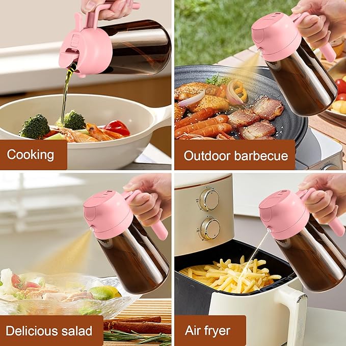 YARRAMATE 2Pcs 16oz/470ml Dark Brown Oil Sprayer for Cooking with Stickers, Food-grade Premium 2 in 1 Olive Oil Dispenser Bottle for Kitchen Gadgets, Air Fryer, Salad, Frying, BBQ (Pink&Black)