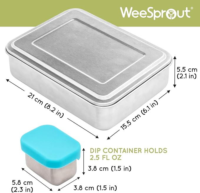 WeeSprout 18/8 Stainless Steel Bento Box (Large) - 3 Compartment Metal Lunch Box, for Kids & Adults, Bonus Dip Container, Fits in Lunch & Work Bags, Dishwasher & Freezer Friendly