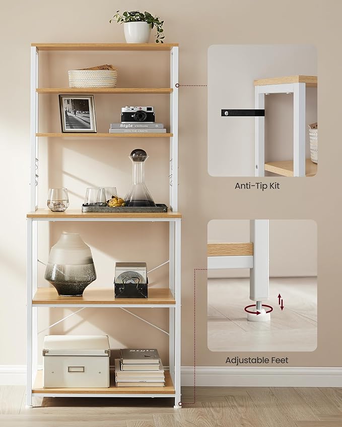 VASAGLE Coffee Bar, Baker’s Rack for Kitchen with Storage, 6-Tier Kitchen Shelves with 6 Hooks, Microwave Stand, Industrial, 15.7 x 23.6 x 65.7 Inches, Oak Color and White UKKS024W09