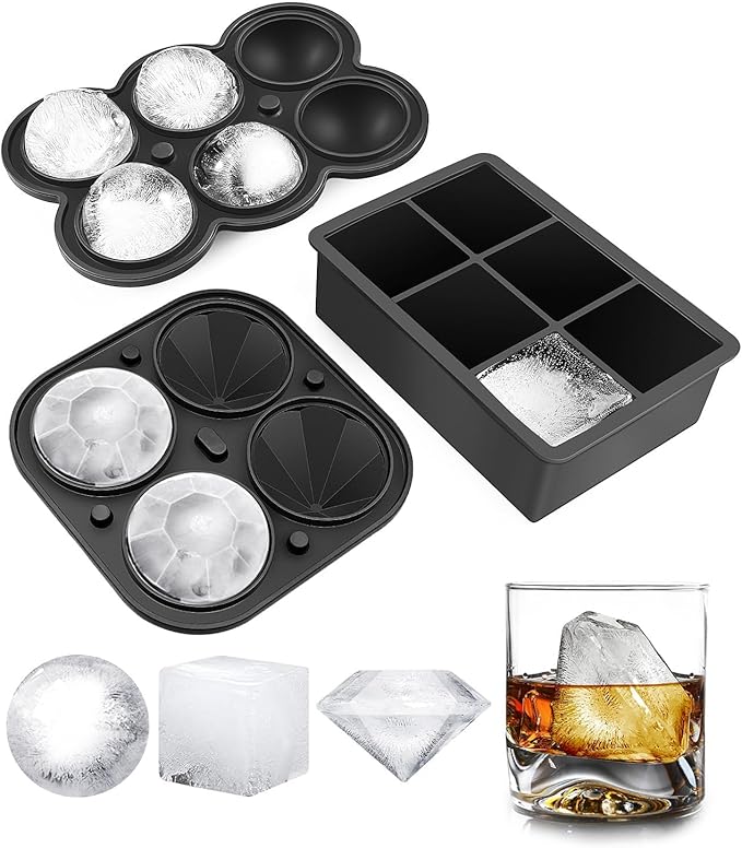 Dclobtop Ice Cube Trays, Silicone Ice Cube Molds for Freezer with Lid (Set of 3), 6 Ball Ice Cube Tray, 4 Diamond & 21-Ice Trays, Reusable Whiskey Ice Mold, DIY, BPA Free, Freezer