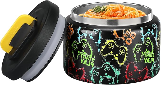 MAISON HUIS 8oz Soup Thermo Wide Mouth Vacuum Insulated Food Jar, Leak Proof Stainless Steel Hot&Cold Lunch Container for Kids (Black-Games Console)
