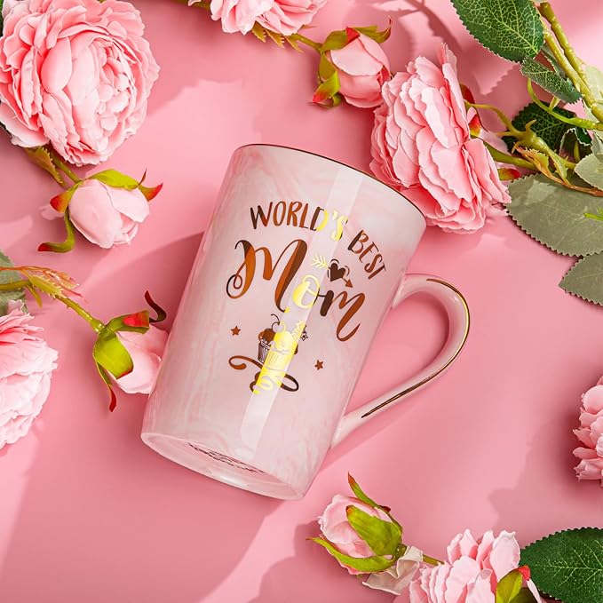 Birthday Gifts for Mom from Daughter Son Kids - Funny Birthday Gift Ideas for Mothers Wife Women - 14Oz Marble Ceramic Best Mom Coffee Mug with Lid Spoon Card, Box, Unique Moms Cup Gifts-Boxed Set
