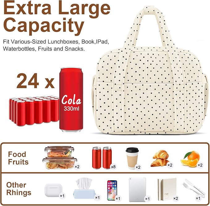 Corduroy Lunch Box Lunch Bag for Women Adults Men, Cute Insulated Work Reusable Leakproof Simple Large Lunch Boxes Tote Bag Adults Cooler Bag, with Shoulder Strap