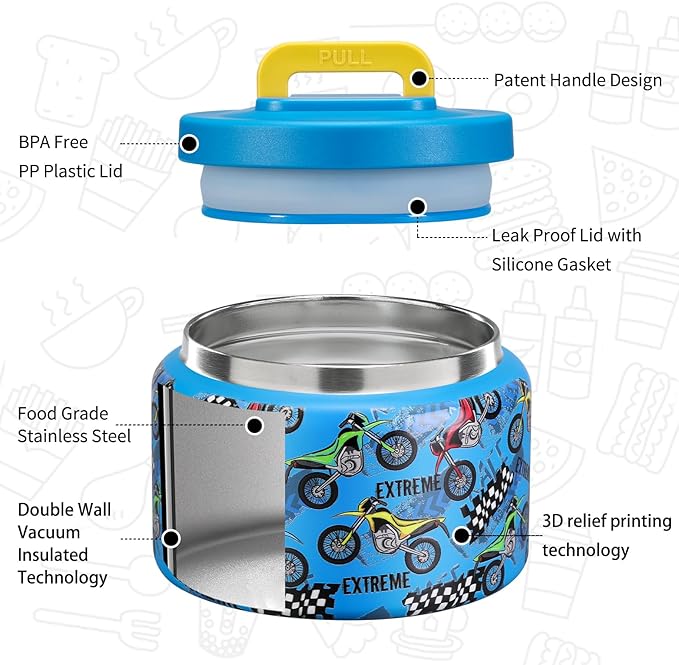 MAISON HUIS 8oz Soup Thermo Wide Mouth Vacuum Insulated Thermo Food Jar, Leak Proof Stainless Steel Thermo for Hot&Cold Food Kids Food Lunch Soup Container for School Travel (Blue-Locomotive)