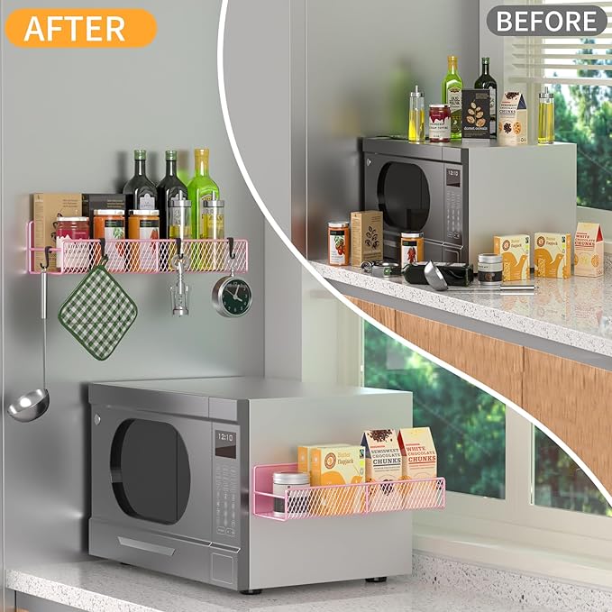 Magnetic Spice Rack for Refrigerator, 2 Pack 100% Metal Strong Magnet Shelf, Space Saving Spice Organizer W/ Hooks, Movable Magnetic Fridge Shelf, Kitchen Home Laundry Room Storage Organization, Pink