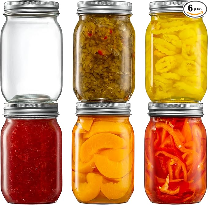 [6 Pack] 16 oz. Regular-Mouth Glass Mason Jars with Metal Airtight Lids and Bands for 1 Pint Canning, Preserving, & Meal Prep