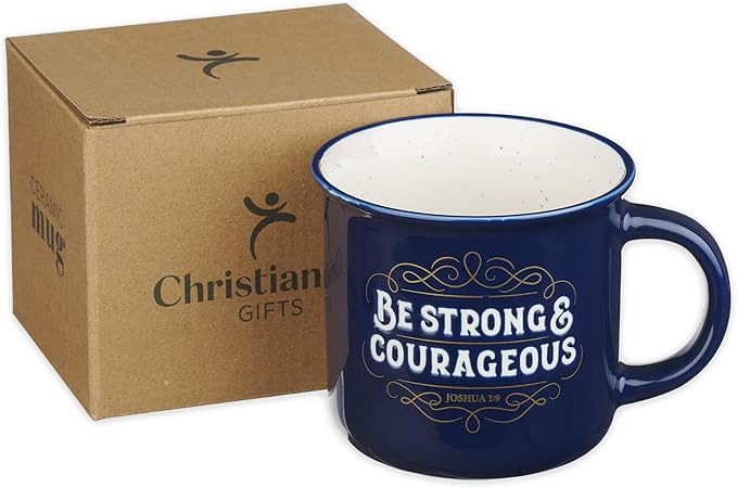Christian Art Gifts Inspirational Ceramic Coffee & Tea Scripture Mug for Men & Women: Strong & Courageous Bible Verse, Microwave & Dishwasher Safe Non-toxic Beverage Cup, Dark Navy Blue/White, 13 oz.