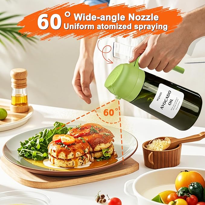 Oil Sprayer for Cooking, 2 in 1 Olive Oil Dispenser Bottle for Kitchen, 16oz/470ml Premium Glass, Food-grade Oil Mister for Air Fryer, Salad, Frying, BBQ (Green + Dark Green Bottle)
