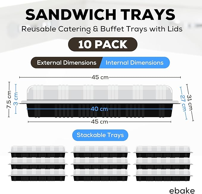10 Pack Catering Trays with Lids – 17" Serving Tray with Lid, Heavy Duty Recyclable Plastic Party Platters for Catering, Buffet, Picnics & Events – Food Tray with Clear Lid (17.72 x 12.20 x 2.95 inch)