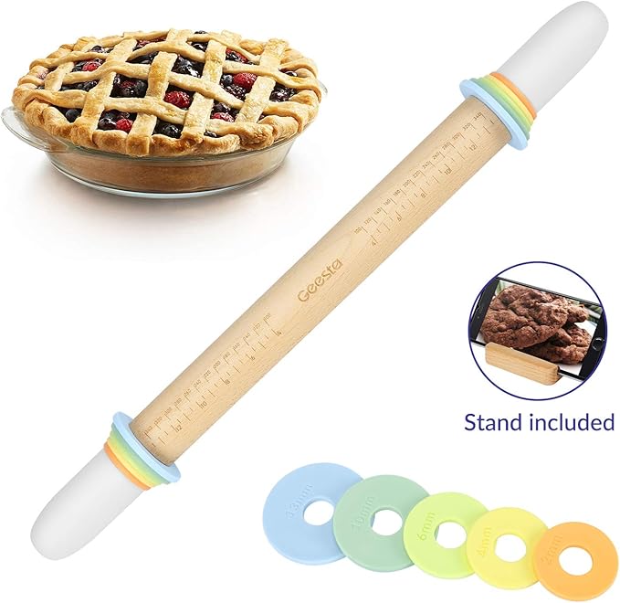 Geesta Adjustable Wood Rolling Pin with 5 Thickness Rings, Precise Dough Roller Handle Press Design with Measurement Guide for Baking Fondant, Pie Crust, Cookie, Pastry - Baking Essential