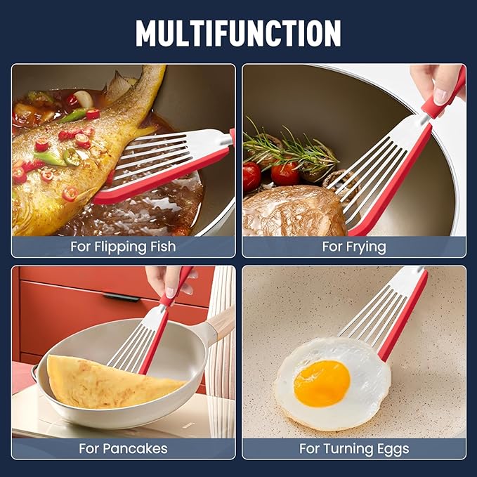 Silicone Fish Spatula Turner Set of 2,2-in-1 Heat Resistant Silicone Slotted Fish Spatulas for Nonstick Cookware,Flexible Thin Stainless Steel Slotted Fish Turner Spatula Flipper for Fish,Egg,Pancake