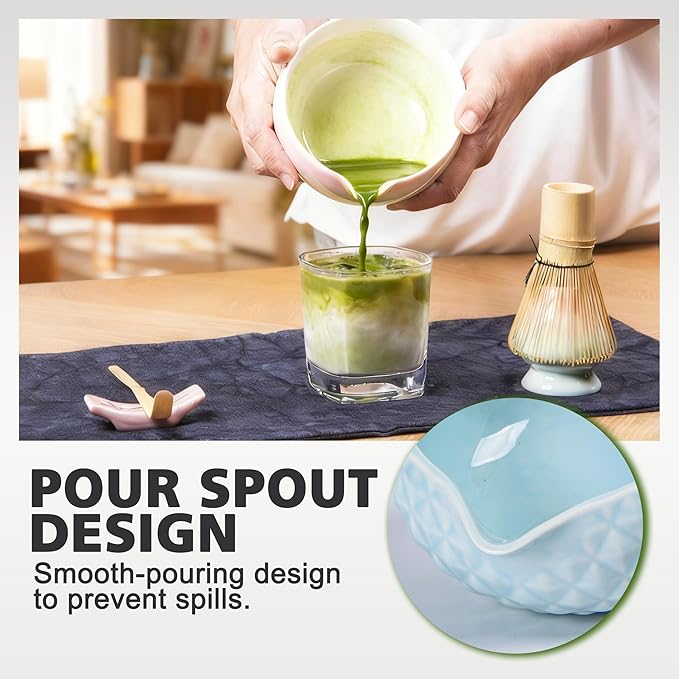 Matcha Whisk Bowl Set, 7PCS All-in-One Japanese Tea Set Includes Matcha Bowl with Spout, Bamboo Whisk (Chasen) with Stand, Scoop, Sifter, Complete Kit for Ceremony, Gift for Matcha Tea Lovers(Blue)