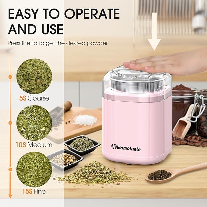 Herb and Spice Grinder, 200W Electric With Stainless Steel Blade, Cleaning Brush - Compact Size 5.11in (Pink)