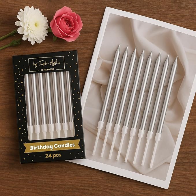 by Tugba Aydan - Silver Birthday Candles - 24 Count Long Thin Silver Birthday Candles for Cake, Metallic Cake Candle for Birthday, Party Candles