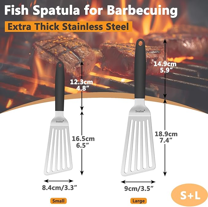 Fish Spatula Stainless Steel, 2Pcs Thickened Metal Spatulas, Slotted Turner with Silicone Handle for Cooking, Grilling, Flipping, Egg, Cookie, Pancake and Burger (Small and Large)