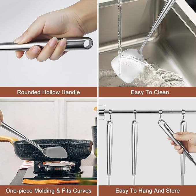 18/10 Stainless Steel Cooking Utensils Set, 10PCS Metal Kitchen Utensils Set for Wok,Kitchen Tools Set Come with Spoon, Fork, Spatula, Ladle, Skimmer, Turner, Pasta Server