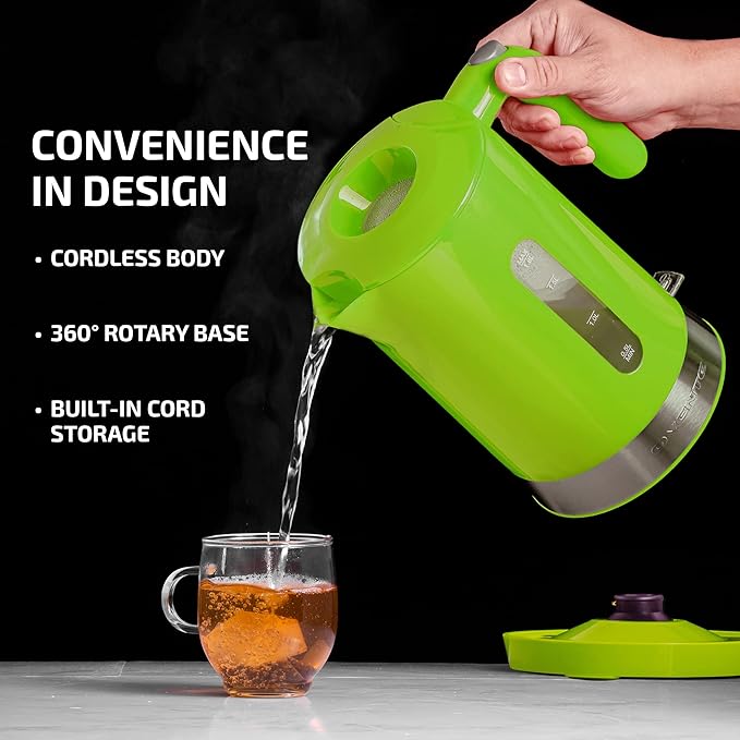 OVENTE 1.8L Electric Kettle, 1500W Fast Boiling Heater for Coffee or Tea, BPA Free, Easy to Fill Lid, Water Level Window, Auto Shut-Off, Boil-Dry Protection and Removable Filter, Green KP413G