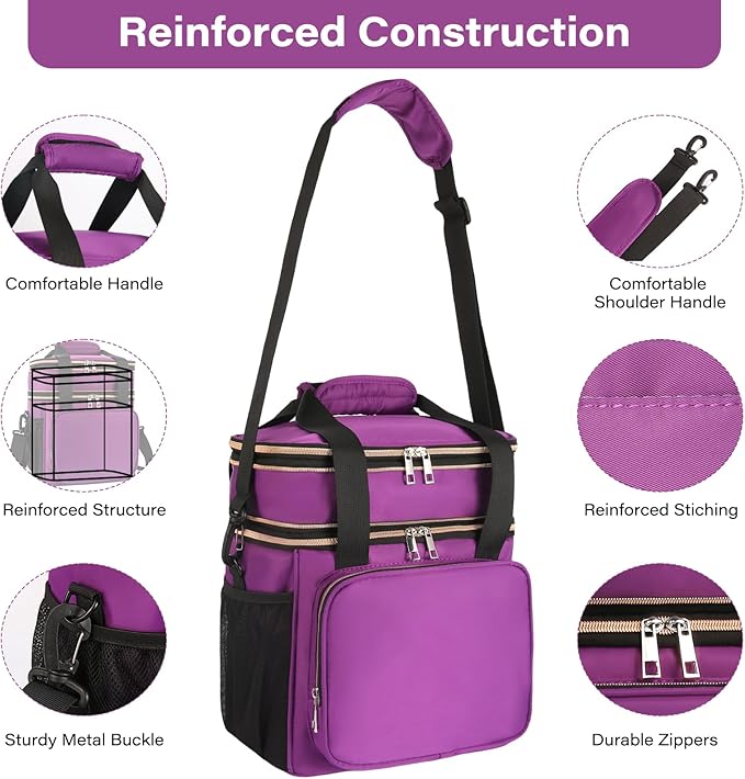 GLENKEY Expandable Insulated Lunch Box, Double Deck Lightweight Large Lunch Bag Tote Leakproof Cooler Bags for Women Adults Work Outdoor Picnic Daytrip, Purple, 16L