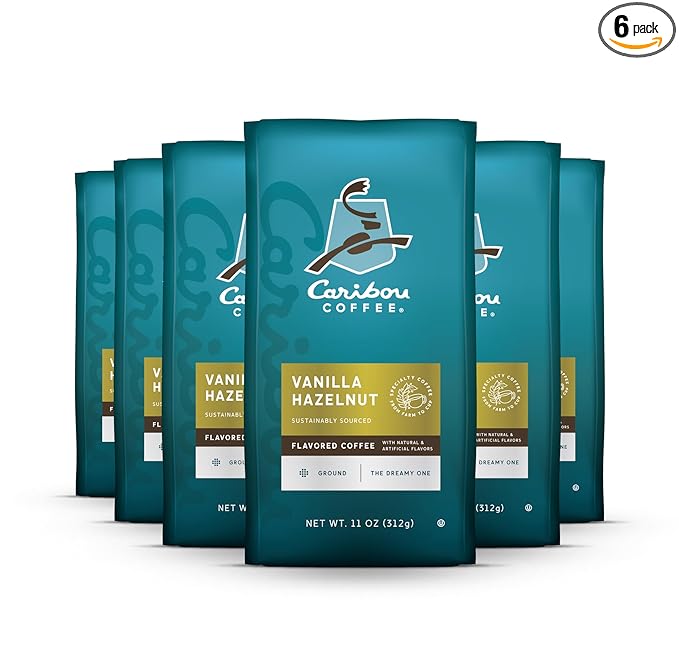 Caribou Coffee, Flavored Ground Coffee - Vanilla Hazelnut Dreamstate 66 Ounces (6 Bags of 11 Ounces)