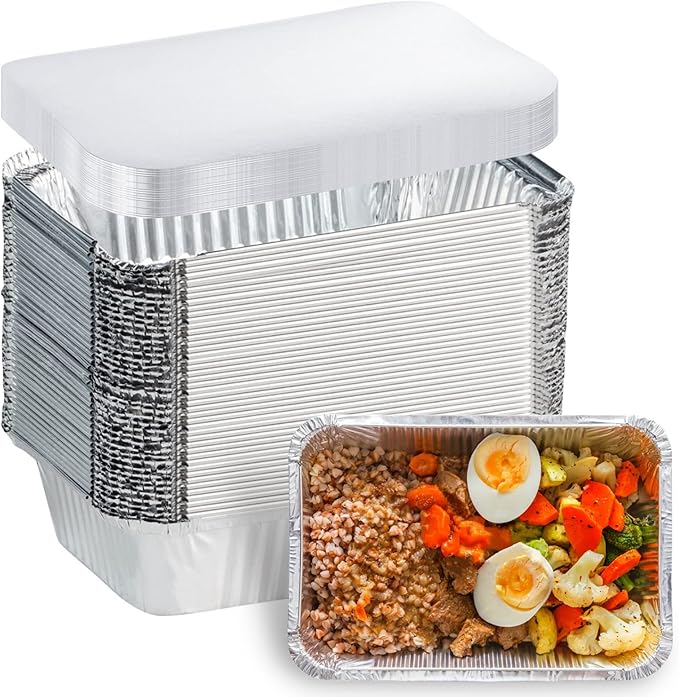 Aluminum Pans with Lids (50-Pack, 8.5"×6") 2.25 LB Capacity Foil Food Containers with Lids - 50 Pans and 50 Cardboard Covers - Disposable Tin Foil Pans - for Baking, Meal Prep and Freezer, Takeout