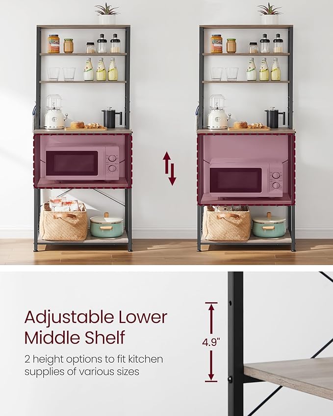 VASAGLE Coffee Bar, Baker’s Rack for Kitchen with Storage, 6-Tier Kitchen Shelves with 6 Hooks, Microwave Stand, Industrial, 15.7 x 23.6 x 65.7 Inches, Greige and Black UKKS024B02